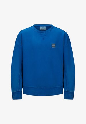 Blauwe trui met ronde hals, voorzien van ribgebreide manchetten en zoom. Klein label op de borst. Zachte textuur, casual pasvorm.
