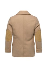 Cappotto in lana beige con colletto a revers, due applicazioni sulle spalle e maniche lunghe. Presenta tasche laterali e una vestibilità su misura.