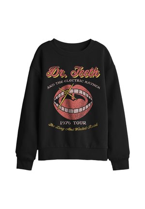 Schwarzer Sweatshirt mit Grafik eines offenen Mundes und Trommelstöcken, Text "Dr. Teeth and the Electric Mayhem 1976 Tour The Long And Winded Road."