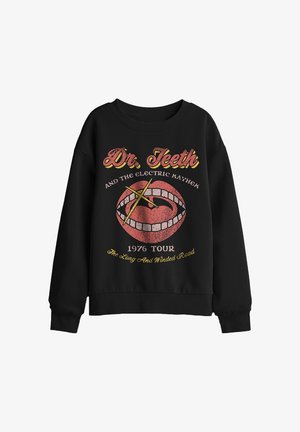Schwarzer Sweatshirt mit Grafik eines offenen Mundes und Trommelstöcken, Text "Dr. Teeth and the Electric Mayhem 1976 Tour The Long And Winded Road."