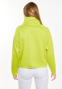 Ljus limegrön, långärmad tröja med hög krage och strukturerad tyg. Har en avslappnad passform och en kort längd.