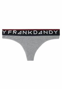 Grå bomullstunga med svart elastisk midjeband som har vit text "FRANK DANDY" och röda och blåa accentstreck.
