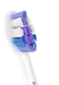 Elektrische tandenborstelkop met witte, paarse en blauwe haren van verschillende lengtes, gemonteerd op een gebogen witte handgreep. Geperforeerde haartips.