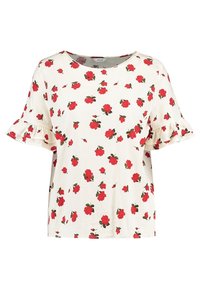 Blusa corta de manga corta de tela crema con estampado de rosas rojas, con mangas con volantes y cuello redondo. Diseño ligero y casual.
