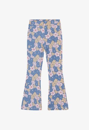 Wijde broek in blauw stof met een bloemenpatroon met roze, gele en rode accenten. Gladde textuur en elastische tailleband.