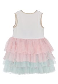 Mädchenkleid mit einem weißen Baumwoll-Oberteil, goldgesticktem Ausschnitt und mehrlagigem Tüllrock in Rosa und Mintgrün. Ärmelloses Design.