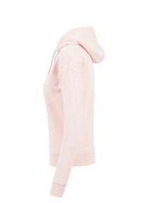 Világos rózsaszín kapucnis hosszú ujjú pulóver, puha anyagból készült. Kenguruzsebbel, bordázott mandzsettákkal és szegéllyel rendelkezik.