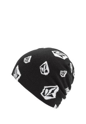 Black knit beanie featuring a repeated white logo pattern. Soft texture, snug fit, and rounded design, suitable for casual wear.
