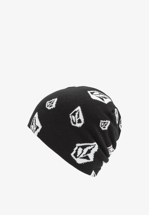 Schwarze Strickmütze mit einem wiederholten weißen Logo-Muster. Weicher Stoff, enganliegender Sitz und abgerundetes Design, geeignet für lässige Kleidung.