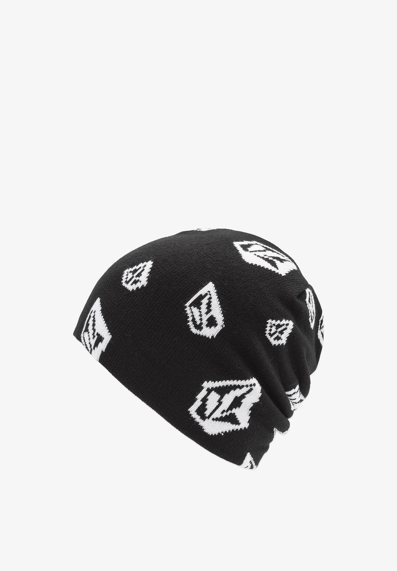 Black knit beanie featuring a repeated white logo pattern. Soft texture, snug fit, and rounded design, suitable for casual wear.