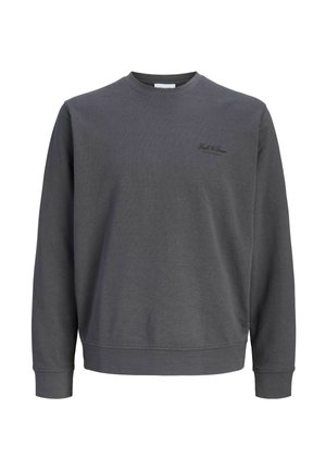 Dunkelgrauer Sweatshirt mit Rundhalsausschnitt und langen Ärmeln sowie kleinem schwarzem "Jack & Jones"-Logo auf der oberen linken Brust.