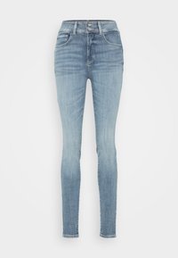 Lysblå højtaljede jeans i en slank pasform, med fem-lomme design, knap og lynlås lukning, blød denim tekstur og minimal falmning.