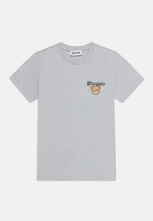 Light gray short-sleeve t-shirt with a small teddy bear face and "Moschino" text on the upper left chest.
