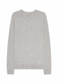 Helles graues Sweatshirt aus weichem Strickmaterial, mit einem runden Halsausschnitt und langen Ärmeln, sowie einem gerippten Saum und Bündchen.