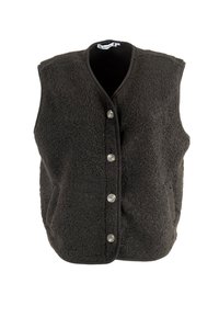 Chaleco de forro polar negro con una superficie texturizada, cierre de botones y sin mangas. Los bordes están recortados con un material en contraste para añadir detalle.