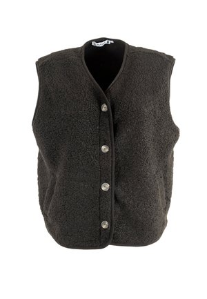 Gilet en polaire noir avec une surface texturée, fermeture à boutons, et sans manches. Les bords sont bordés d'un matériau contrastant pour un détail supplémentaire.