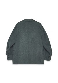 Pilkas tekstūruotas paltas su ilgomis rankovėmis, įpjovos tipo apykakle ir šešiais mygtukais ant rankovių. Dvi šoninės kišenės matomos priekyje.