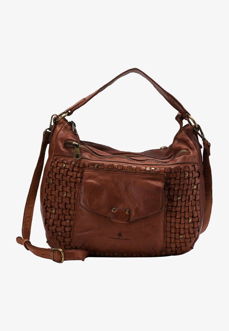 Sac à main en cuir marron avec une texture tissée sur un côté, une fermeture à glissière supérieure et une poche frontale. Équipé d'une bandoulière réglable et de ferrures en laiton.