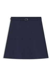 Granatowa spódnica A-line o gładkiej fakturze, pasek z klamrą w srebrnym odcieniu oraz czyste, dopasowane wykończenie.