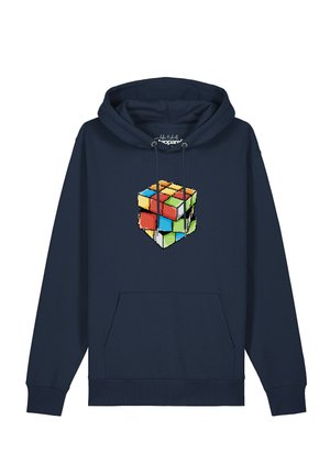 Marineblaue Kapuzenjacke mit Fronttasche und pixeliger Rubik's Cube-Grafik auf der Brust sowie Kordelzügen an der Kapuze.