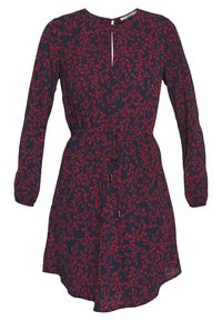 Robe fleurie avec une base marine, présentant des motifs floraux rouges, des manches longues, un col à ouverture en trou de serrure, une taille élastique et un ourlet asymétrique.