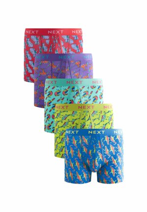Fünf Paare bunter Jungen-Boxershorts mit verspielten Tiermotiven und gemusterten Bündchen in Rot, Lila, Türkis, Grün und Blau.