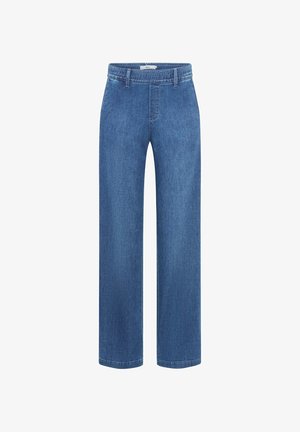 Blaue Jeans mit geradem Bein, elastischem Bund und Gürtelschlaufen, ohne sichtbare Taschen, dargestellt auf weißem Hintergrund.