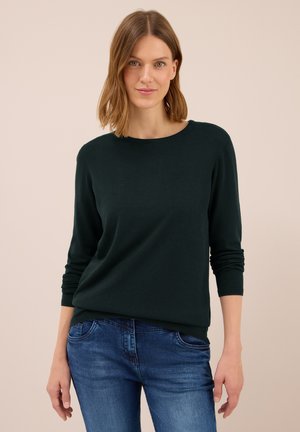 Vrouw met schouderlang bruin haar, gekleed in een donkergroene lange mouwen trui en blauwe spijkerbroek, staand tegen een effen beige achtergrond.