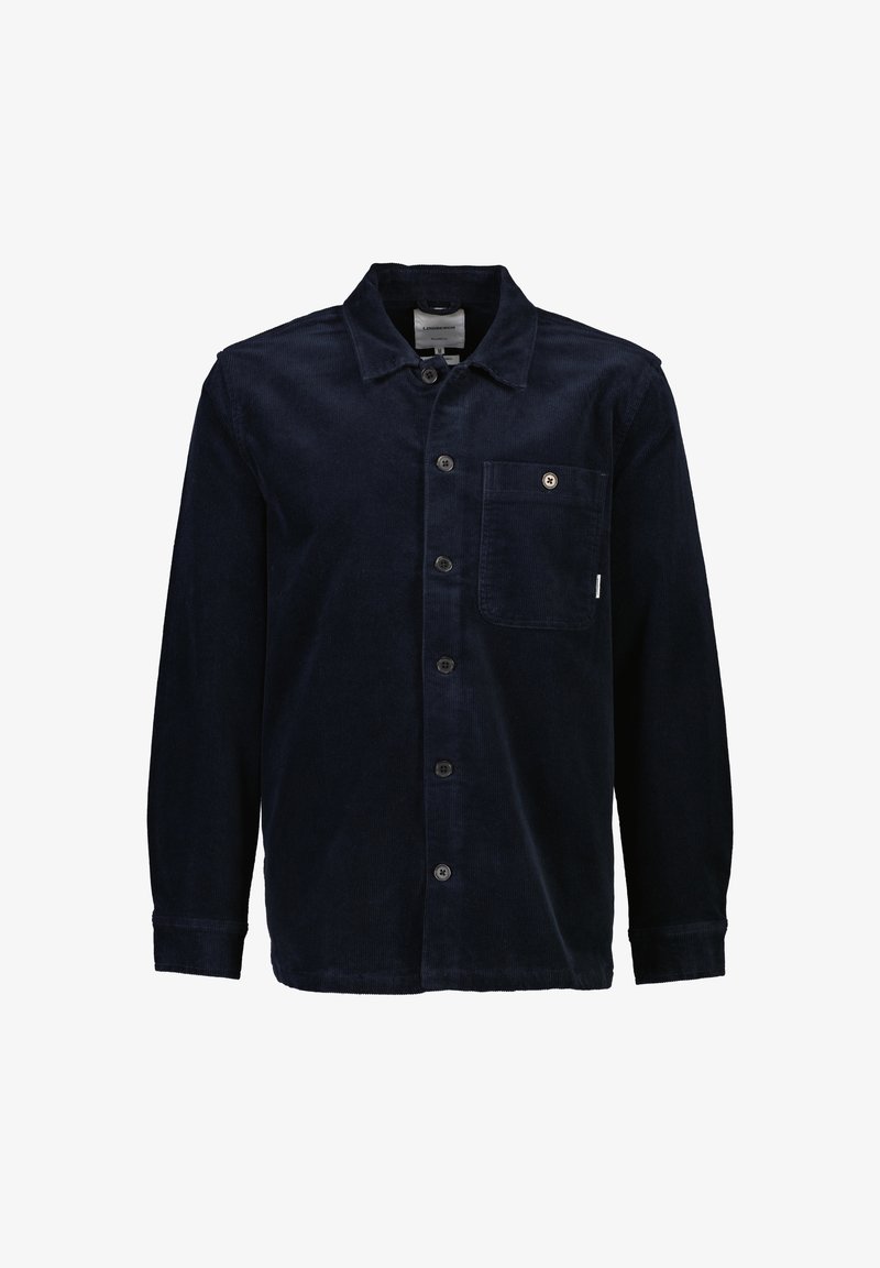Granatowa koszula z sztruksu z długimi rękawami, z wyrazistym kołnierzykiem, z przodem na guziki i kieszenią na piersi. Subtelna tekstura i dopasowany krój.