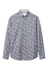 Camicia a maniche lunghe in tessuto leggero con un motivo paisley blu, colletto button-down e orlo curvo. Presenta piccoli bottoni beige.