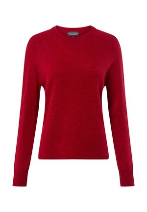 Pull en tricot rouge avec des manches longues, un col rond et des poignets et un ourlet en cote. Le matériau semble doux avec une texture lisse.