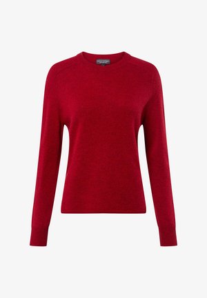 Roter gestrickter Pullover mit langen Ärmeln, Rundhalsausschnitt und gerippten Bündchen sowie Saum. Das Material wirkt weich mit einer glatten Textur.