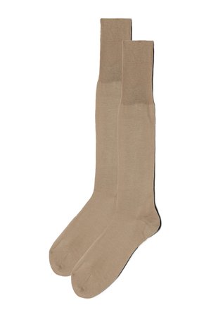 Beige knæhøje sokker, ribbet tekstur, glat finish, forstærket tå, blødt materiale, designet for komfort og holdbarhed.