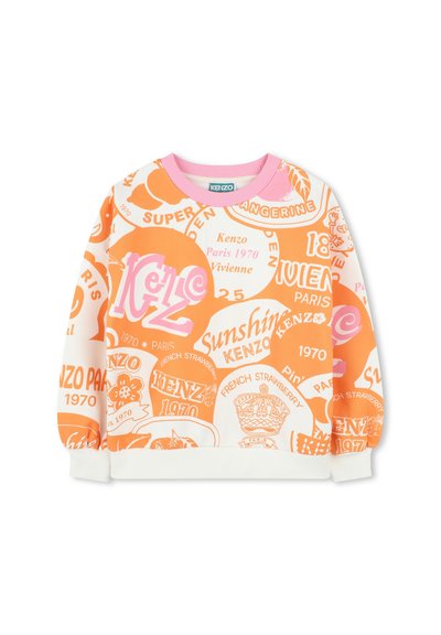 Sweatshirt Kenzo avec un design blanc et orange, agrémenté de textes ludiques et de motifs. Tissu doux, poignets côtelés et col rond.