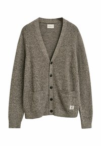 Grauer Strickcardigan mit V-Ausschnitt, fünf schwarzen Knöpfen, zwei vorderen Taschen, gerippten Bündchen und Saum, aus meliertem Garn gefertigt.