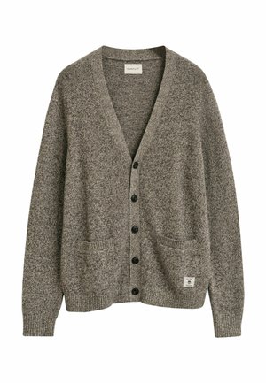 Gilet en maille gris avec col en V, cinq boutons noirs, deux poches avant, poignets et ourlet côtelés, fabriqué en fil chiné.