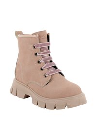 Stivaletto alla caviglia in suede rosa chiaro con suola in gomma spessa, lacci in velluto piatti, occhielli in argento e dettagli di cucitura bianchi a contrasto.