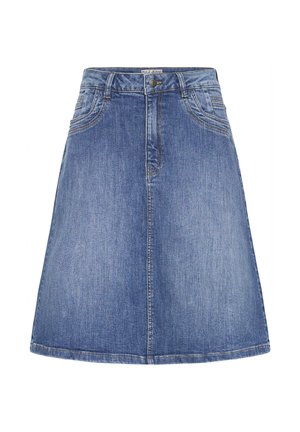 Jupe en denim bleu coupe trapèze avec couture frontale, passants de ceinture, poches avant et fermeture par bouton à la taille.