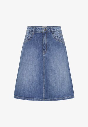 Jupe en denim bleu coupe trapèze avec couture frontale, passants de ceinture, poches avant et fermeture par bouton à la taille.