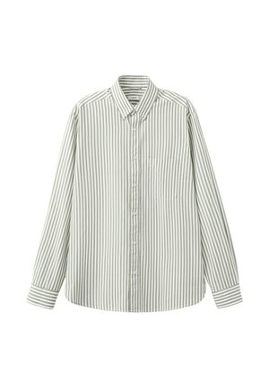 Košulja s dugim rukavima na kopčanje s okomitim bijelim i svijetlosivim prugama, s ovratnikom i lijevim džepom na prsima, prikazana ravno na bijeloj pozadini.