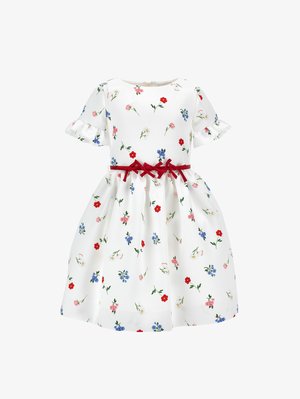 Vestido blanco con mangas cortas abullonadas, que incluye un cinturón de cinta roja en la cintura. Decorado con coloridos patrones florales en toda su superficie.