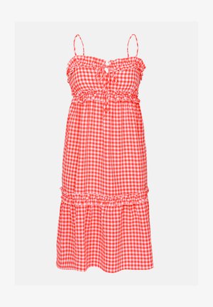 Punane ja valge ruuduline kleit rippuvate õlgade, elastse vöökoha ja kihilise seeliku äärtega. Omab võtmega esiosa detaili ja kerget materjali.