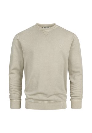 Beige crewneck-sweatshirt med ribstrikkede manchetter og kant, diskret broderet logo på venstre bryst samt en lille V-formet syning under kraven.