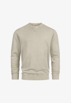 Beige crewneck-sweatshirt med ribstrikkede manchetter og kant, diskret broderet logo på venstre bryst samt en lille V-formet syning under kraven.