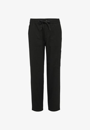 Pantaloni della tuta neri realizzati in tessuto morbido, con un elastico in vita e un cordoncino, tasche laterali e design a gamba dritta.