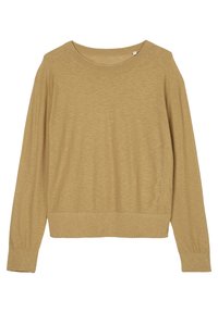 Maglione marrone chiaro a maniche lunghe realizzato in tessuto strutturato, con scollo rotondo e polsini e orlo a coste. Design semplice di colore uniforme.