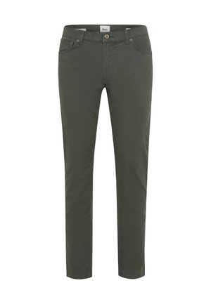 Olivegrønne slim-fit bukser lavet af en bomuldsblanding, med lynlås og knaplukning, fem lommer og et diskret struktureret mønster.