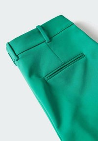 Pantalons ajustés verts en tissu lisse, avec une taille cousue, des passants de ceinture et une poche arrière unique.