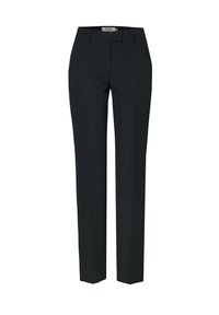 Black tailored trousers featuring a smooth texture, straight-leg design, subtle stitching details, and a mid-rise waistline.