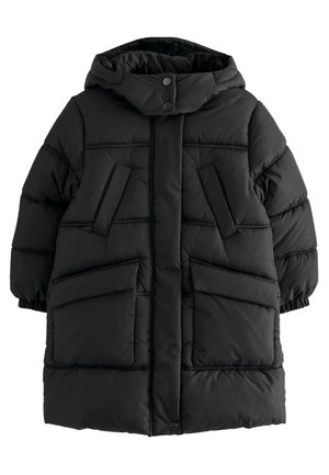 Manteau d'hiver long rembourré noir avec capuche, boutons-pression et quatre poches avant, dont deux poches poitrine inclinées et deux grandes poches basses.